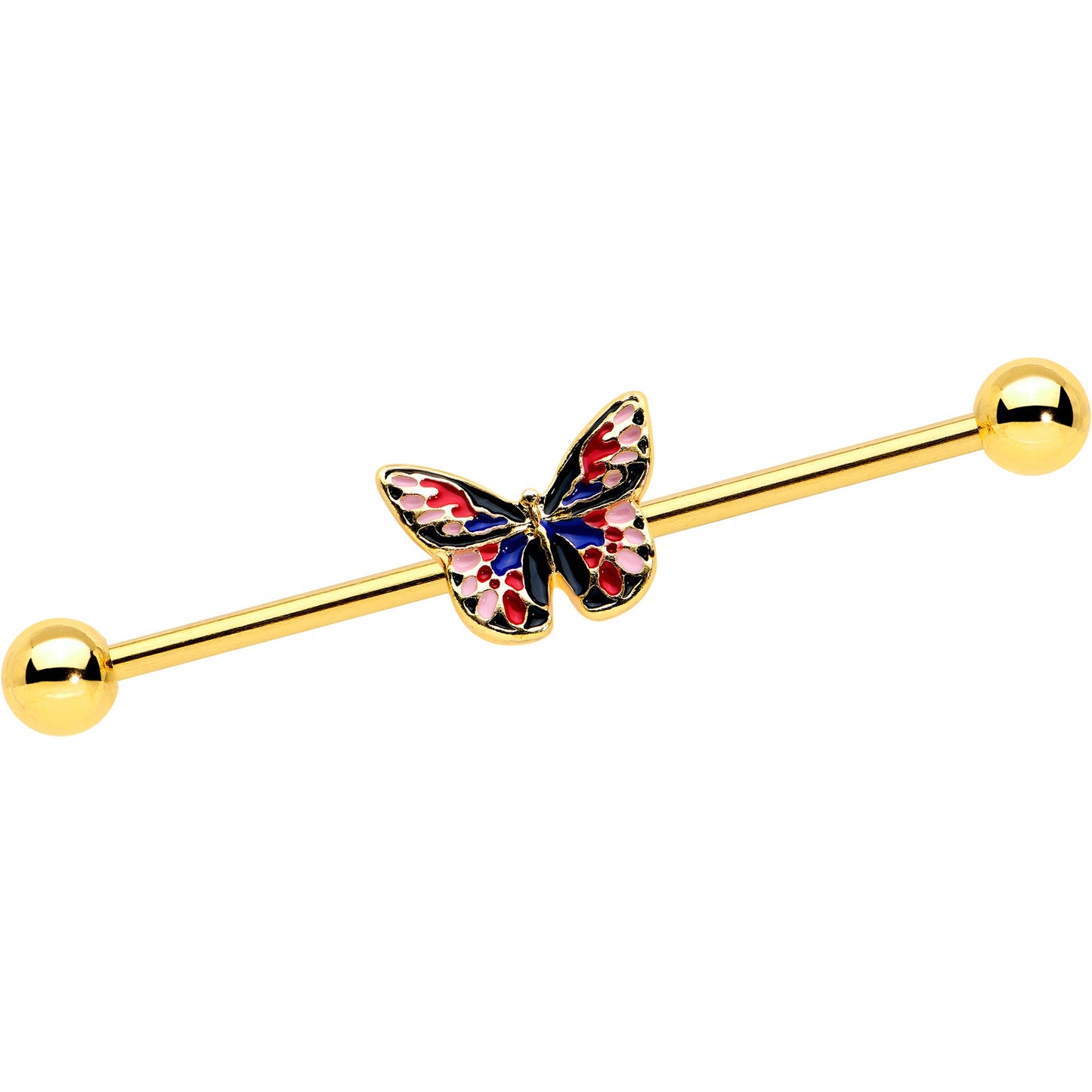 14G Gold Tone Red Blue Pink Butterfly Industrial Barbell 38mm