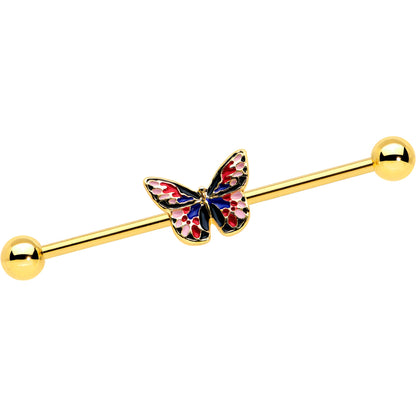 14G Gold Tone Red Blue Pink Butterfly Industrial Barbell 38mm