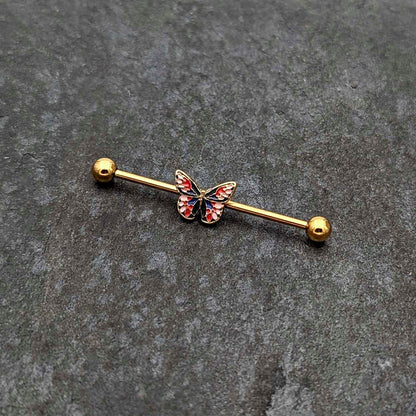 14G Gold Tone Red Blue Pink Butterfly Industrial Barbell 38mm