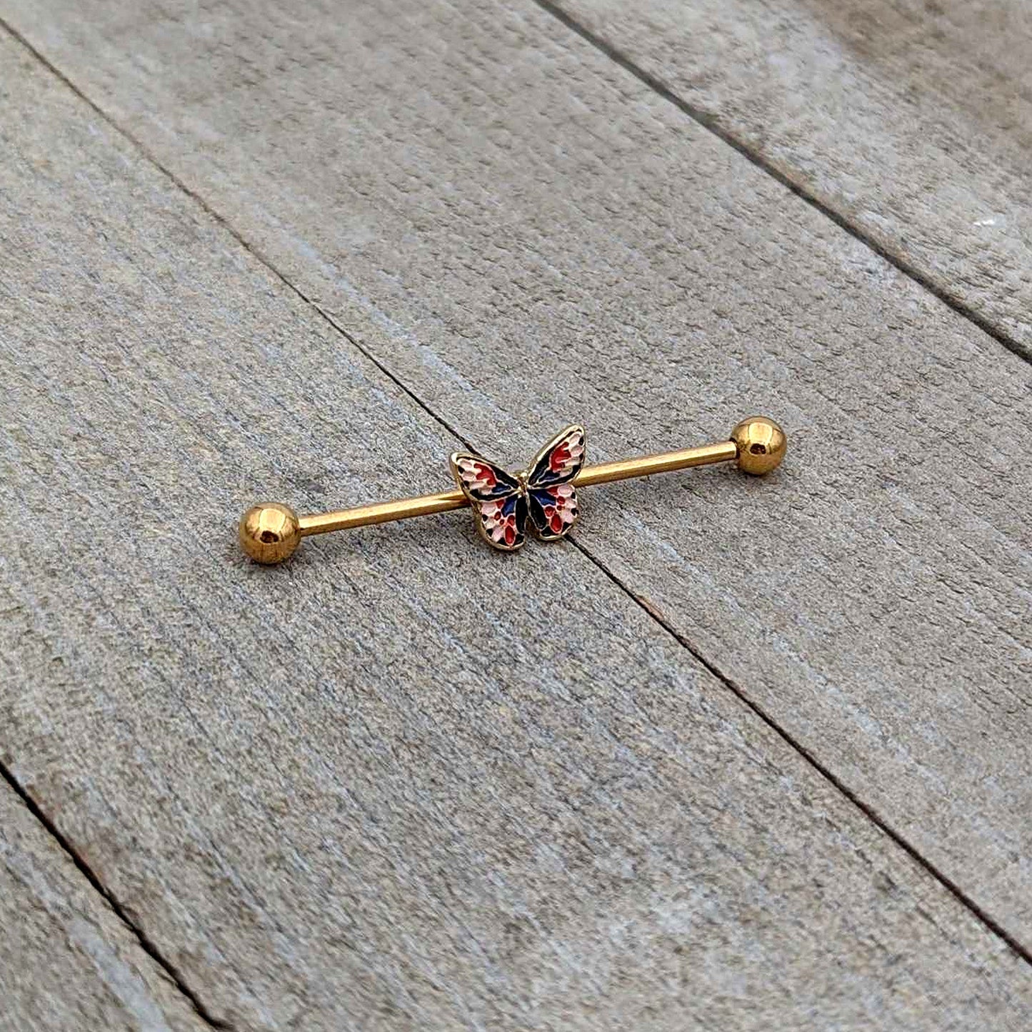 14G Gold Tone Red Blue Pink Butterfly Industrial Barbell 38mm