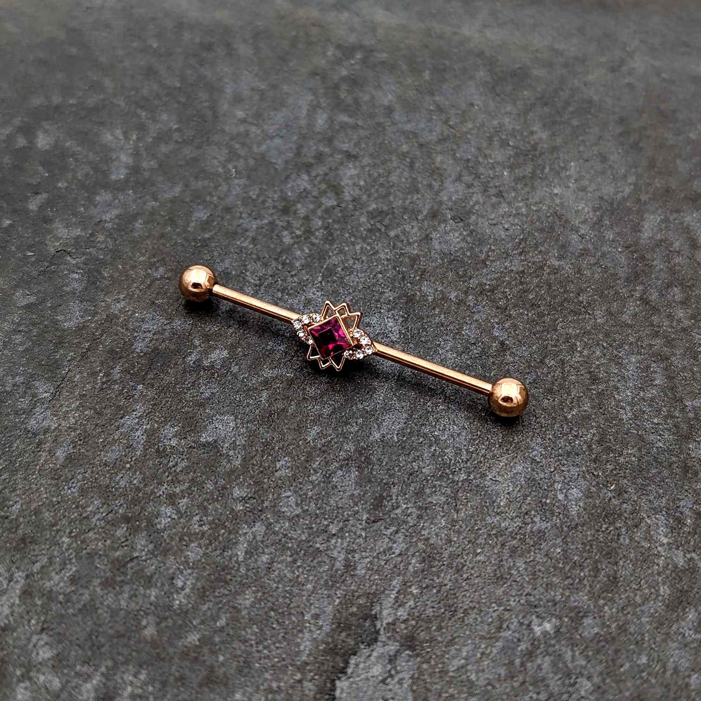 14G Red Gem Rose Gold Tone Octogram Star Industrial Barbell 38mm