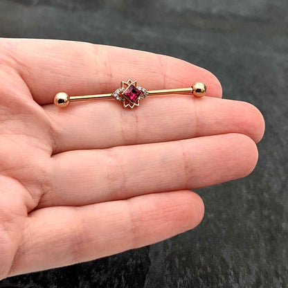 14G Red Gem Rose Gold Tone Octogram Star Industrial Barbell 38mm