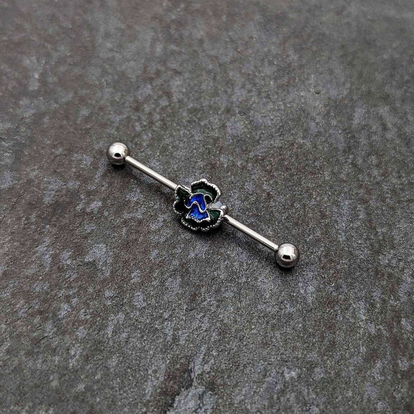 14G Spring Flower Green Blue Industrial Barbell 38mm
