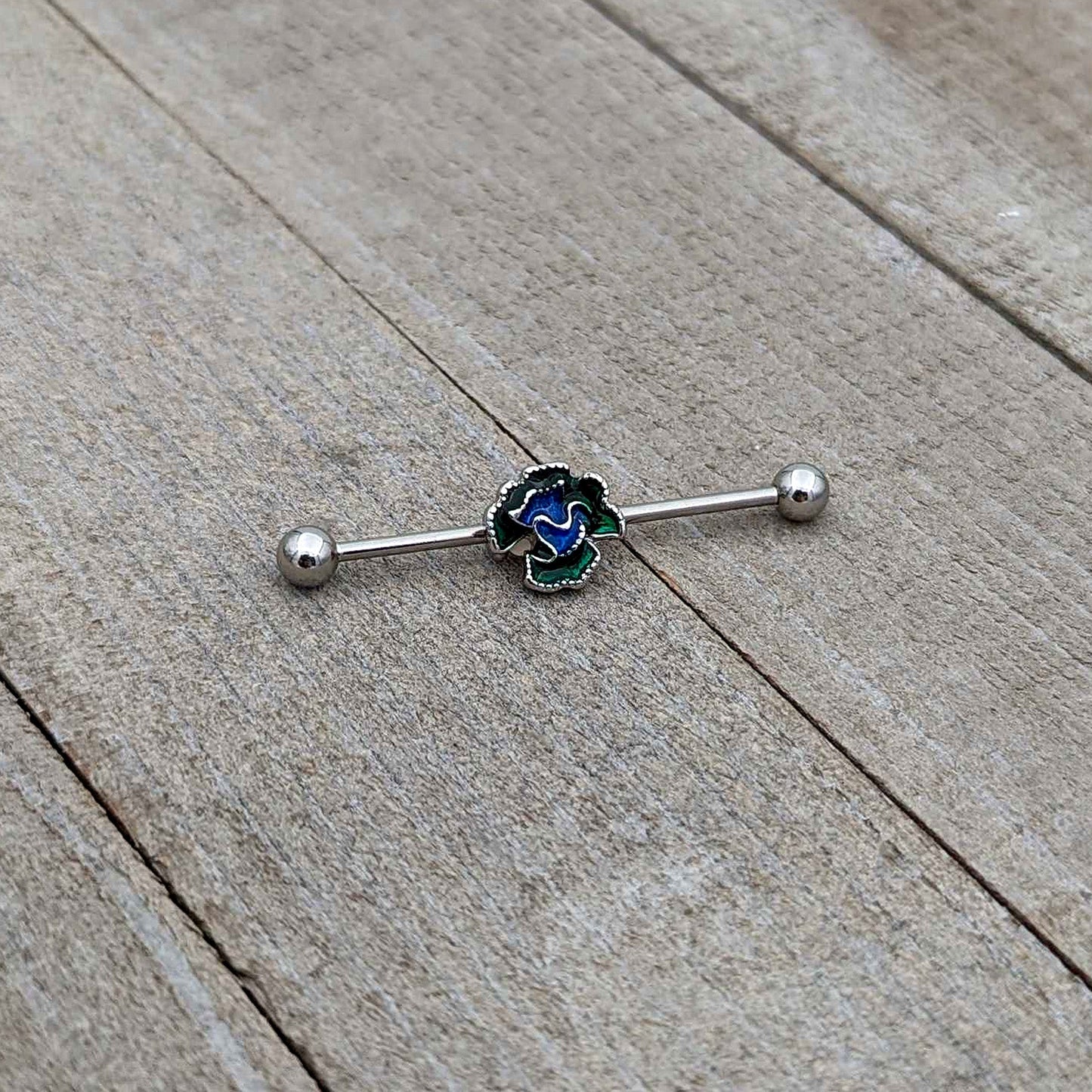 14G Spring Flower Green Blue Industrial Barbell 38mm
