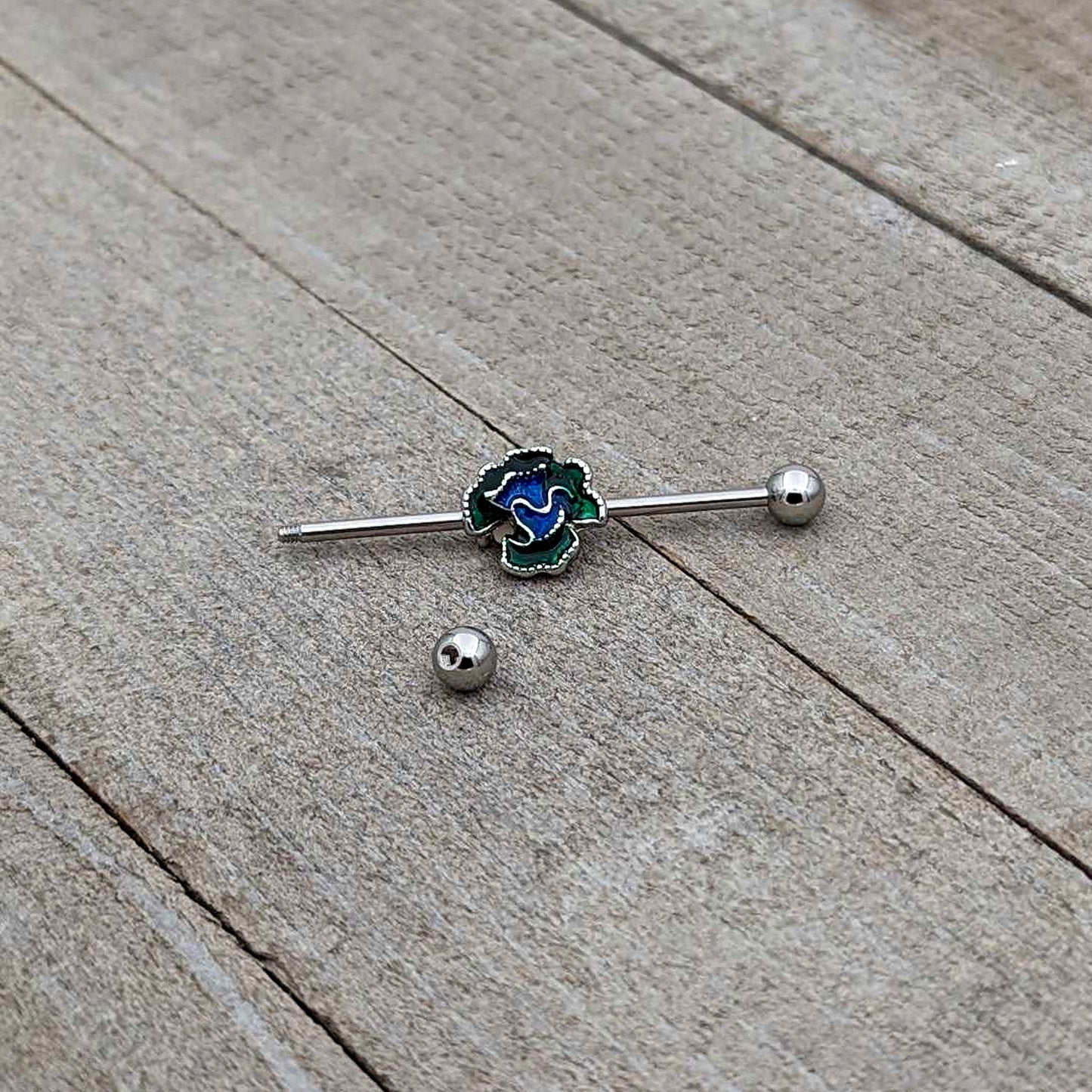 14G Spring Flower Green Blue Industrial Barbell 38mm