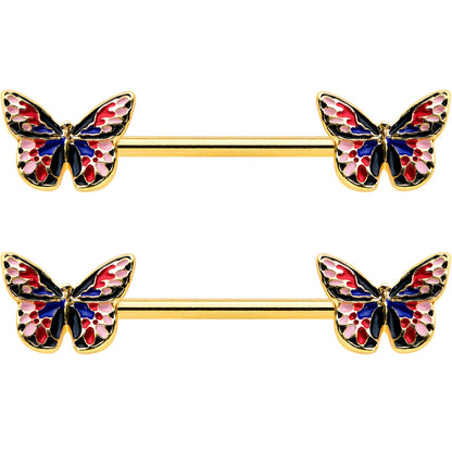 14G 5/8 Gold Tone Pink Blue Red Butterfly Barbell Nipple Ring Set