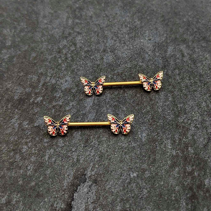 14G 5/8 Gold Tone Pink Blue Red Butterfly Barbell Nipple Ring Set