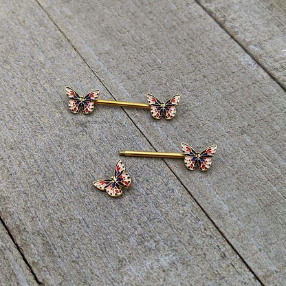 14G 5/8 Gold Tone Pink Blue Red Butterfly Barbell Nipple Ring Set
