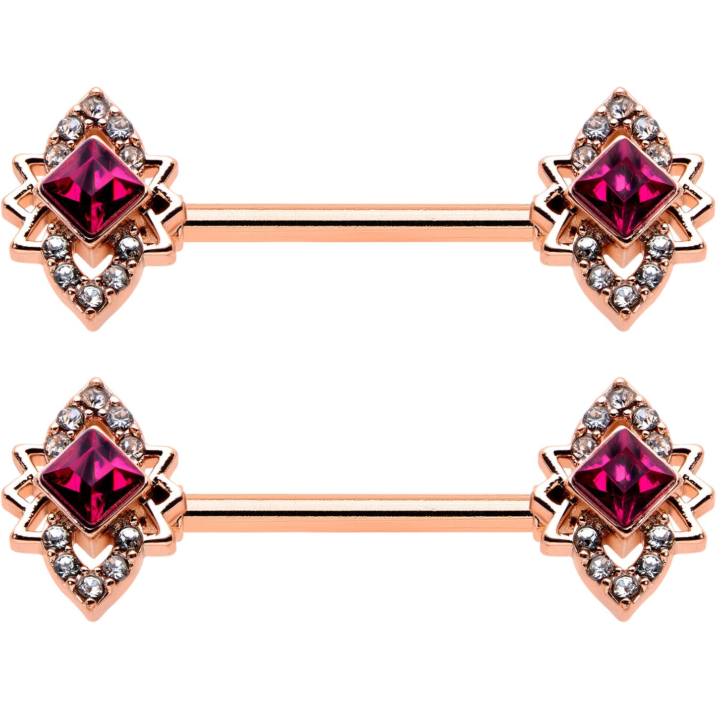 14G 9/16 Red Gem Rosy Tone Octogram Star Barbell Nipple Ring Set