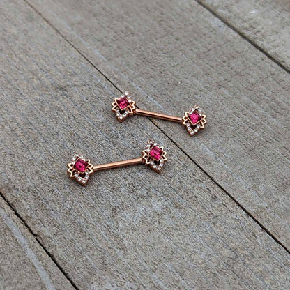 14G 9/16 Red Gem Rosy Tone Octogram Star Barbell Nipple Ring Set