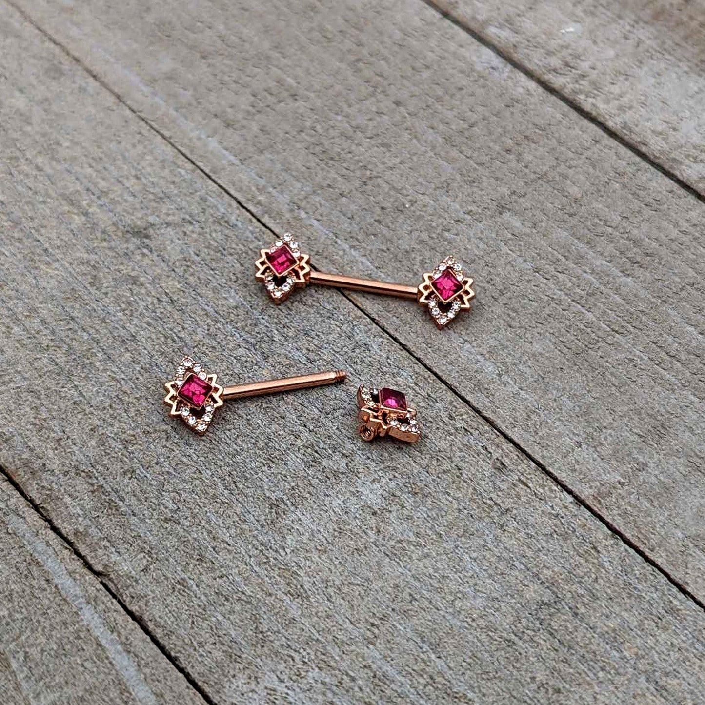 14G 9/16 Red Gem Rosy Tone Octogram Star Barbell Nipple Ring Set