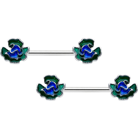 14G 9/16 Spring Flower Blue Green Barbell Nipple Ring Set