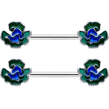 14G 9/16 Spring Flower Blue Green Barbell Nipple Ring Set