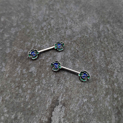 14G 9/16 Spring Flower Blue Green Barbell Nipple Ring Set