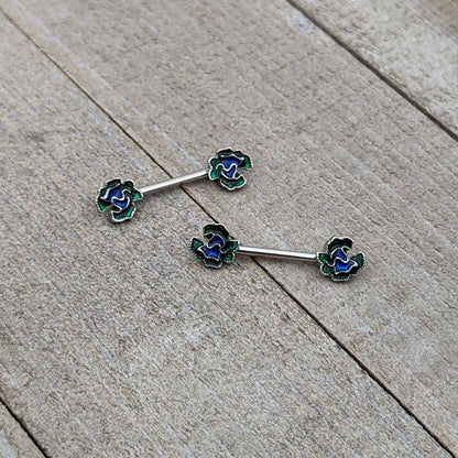 14G 9/16 Spring Flower Blue Green Barbell Nipple Ring Set