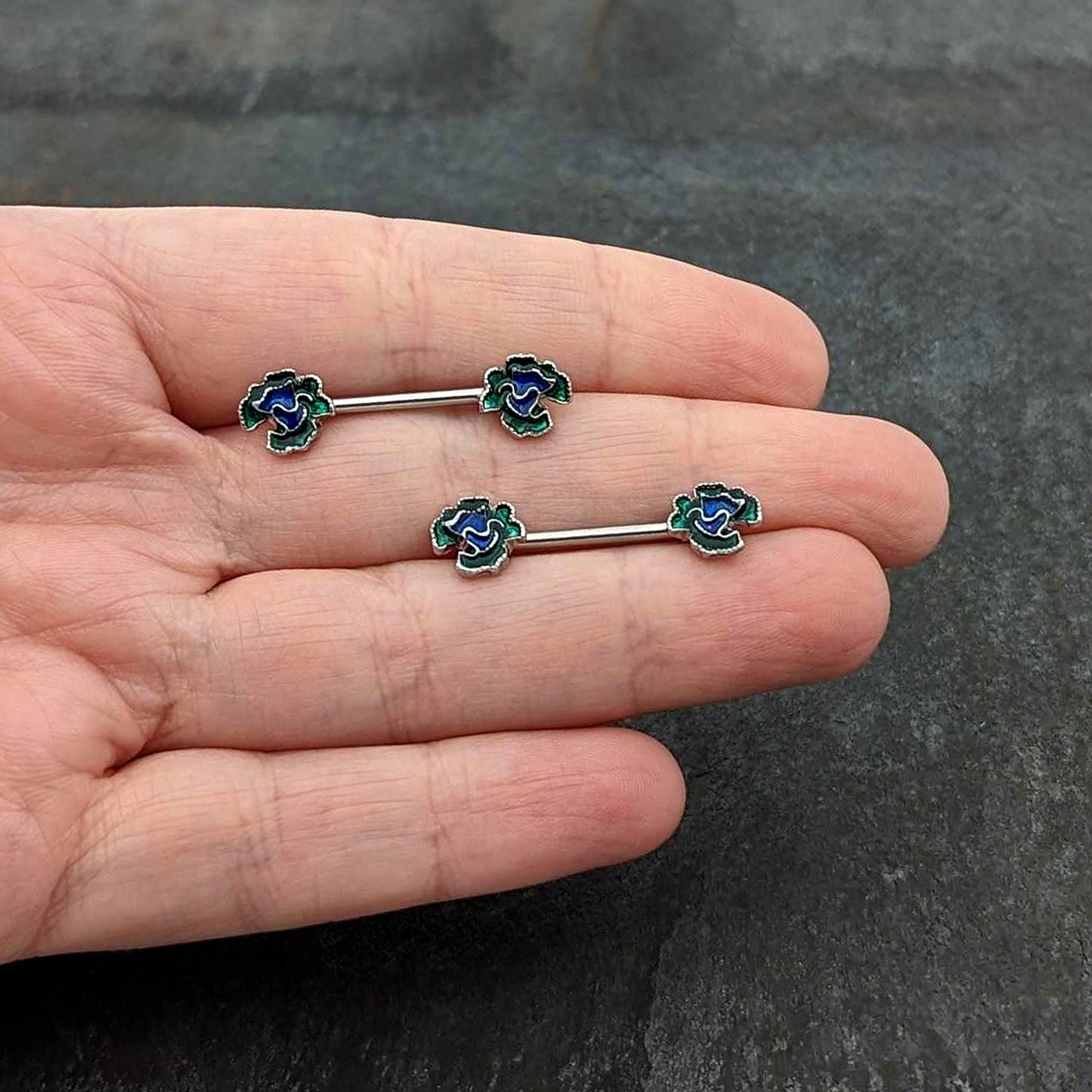 14G 9/16 Spring Flower Blue Green Barbell Nipple Ring Set