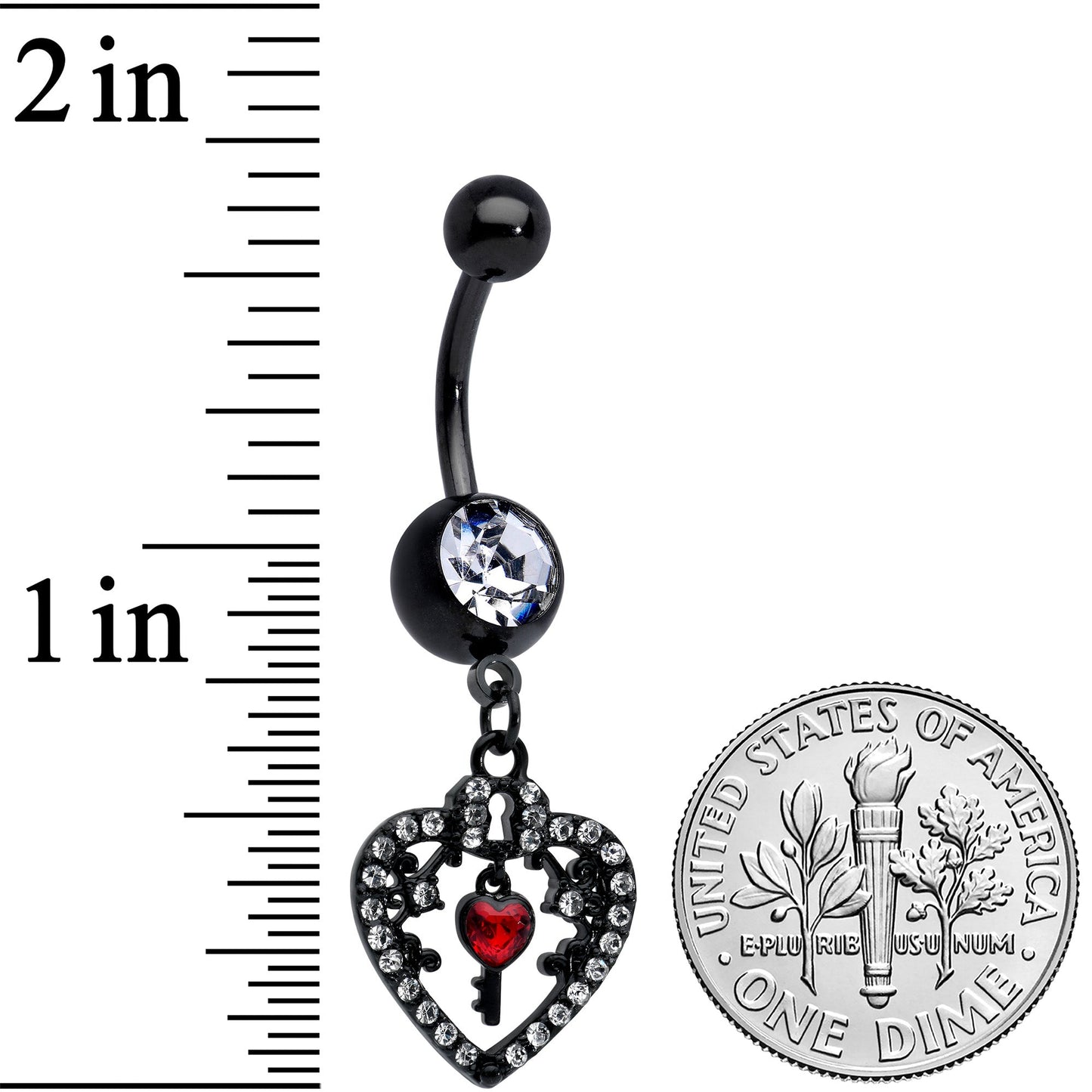 Clear Red Gem Black Heart Key Valentines Dangle Belly Ring
