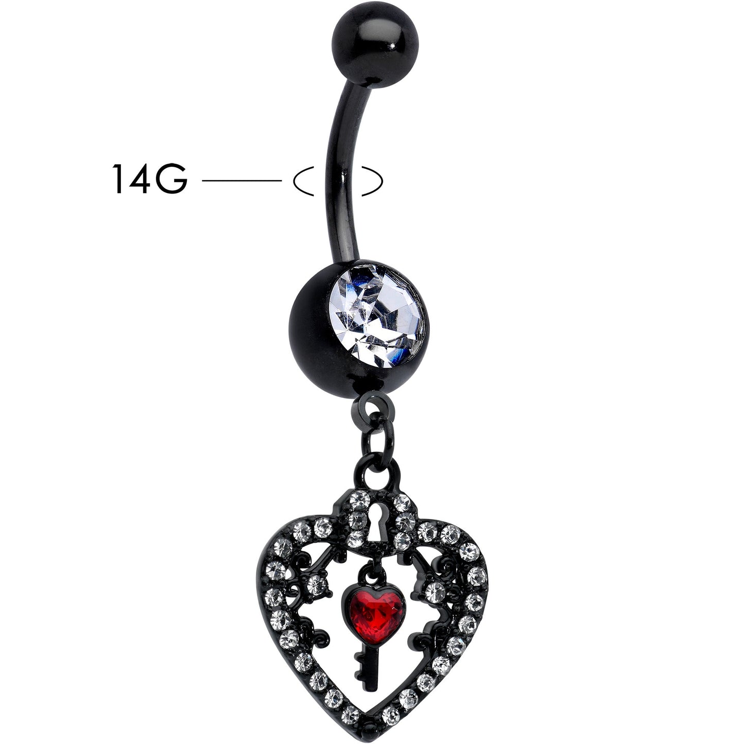 Clear Red Gem Black Heart Key Valentines Dangle Belly Ring