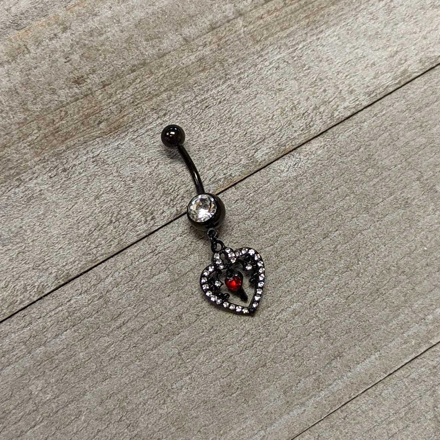 Clear Red Gem Black Heart Key Valentines Dangle Belly Ring