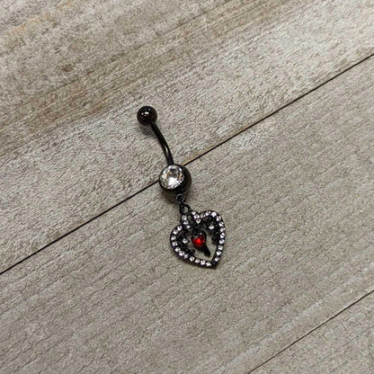 Clear Red Gem Black Heart Key Valentines Dangle Belly Ring