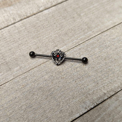 14G Clear Red Gem Black Key Heart Industrial Barbell 38mm