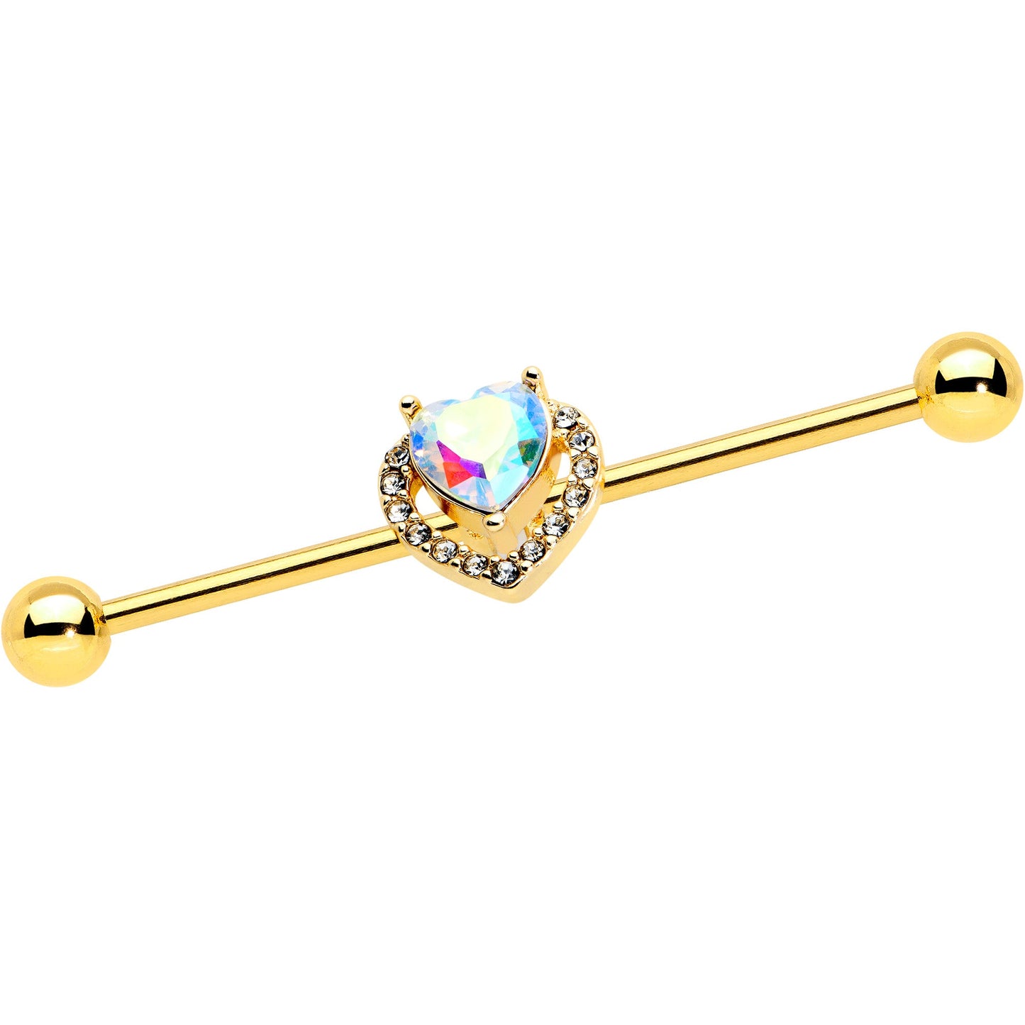 14G Aurora Gem Gold Hue Rococo Heart Industrial Barbell 38mm