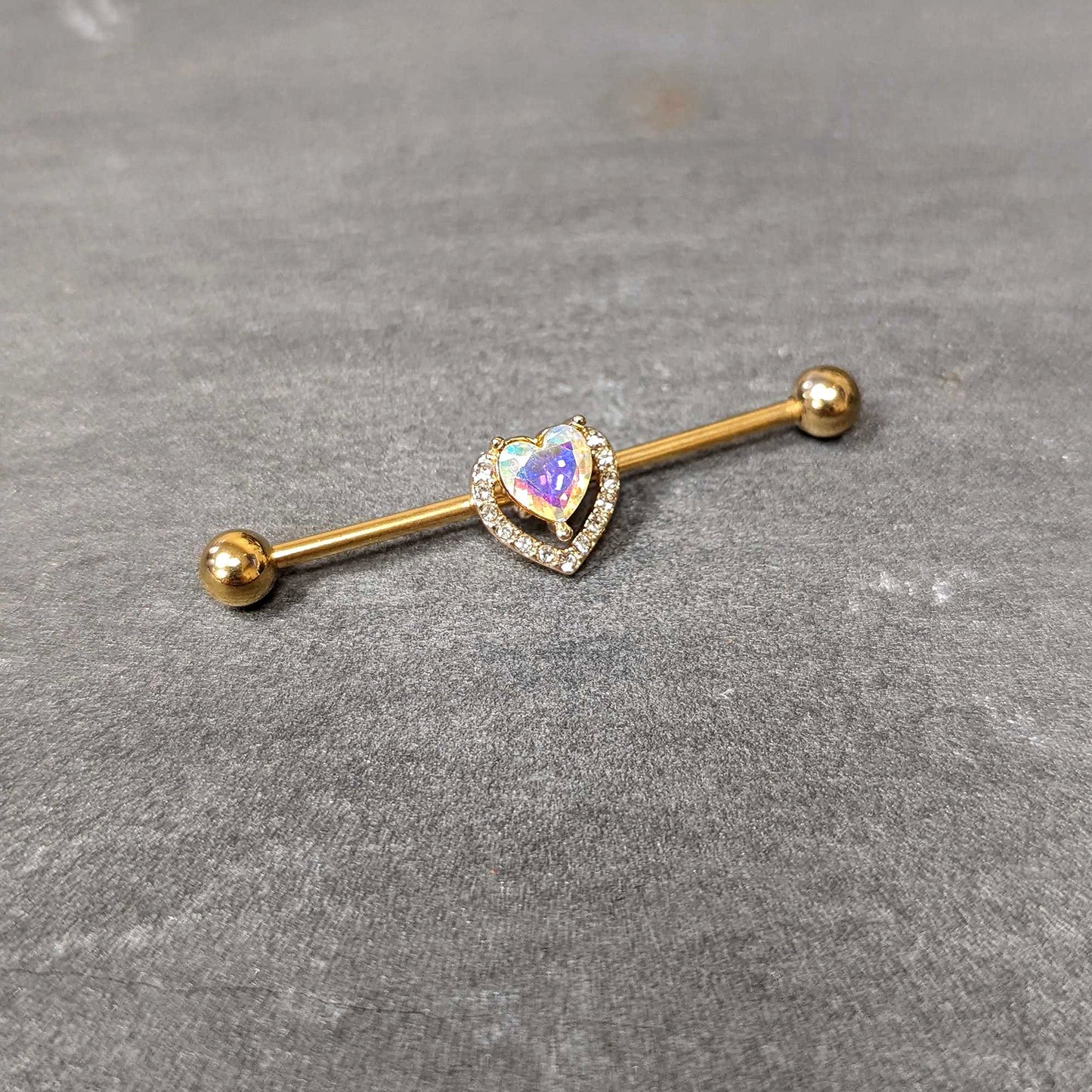 14G Aurora Gem Gold Hue Rococo Heart Industrial Barbell 38mm