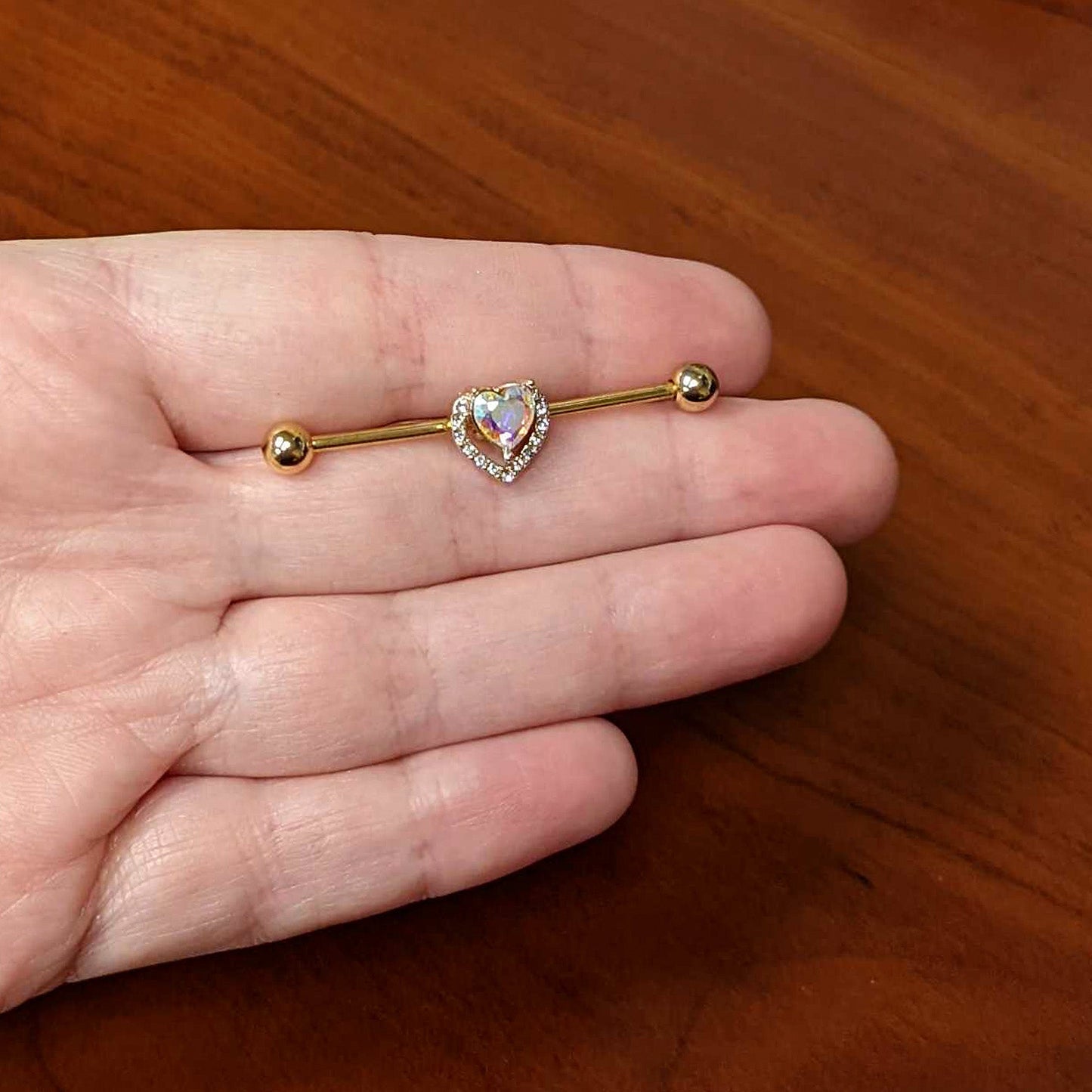 14G Aurora Gem Gold Hue Rococo Heart Industrial Barbell 38mm