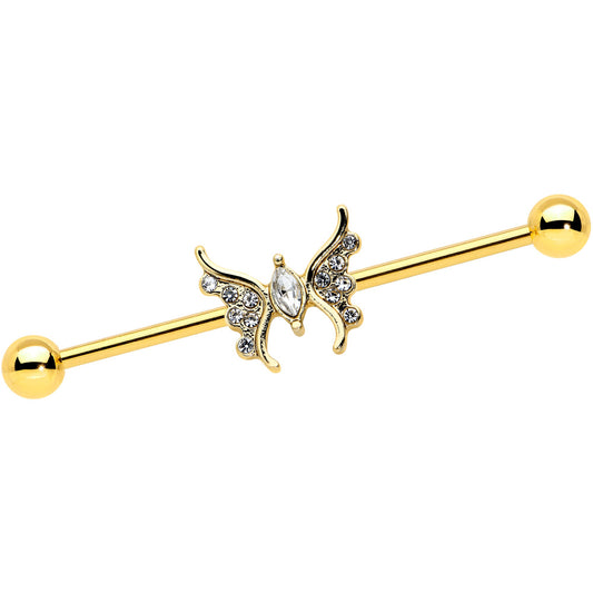 14G Clear Gem Gold Tone Swirl Butterfly Industrial Barbell 38mm