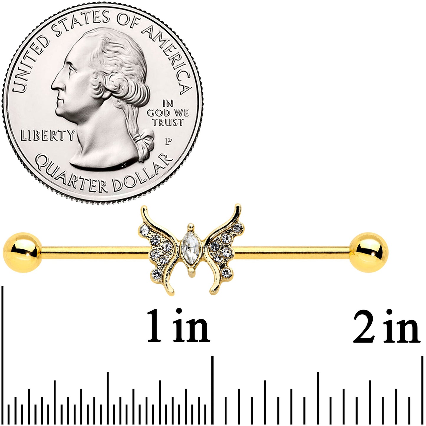 14G Clear Gem Gold Tone Swirl Butterfly Industrial Barbell 38mm