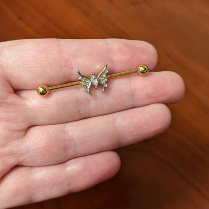 14G Clear Gem Gold Tone Swirl Butterfly Industrial Barbell 38mm