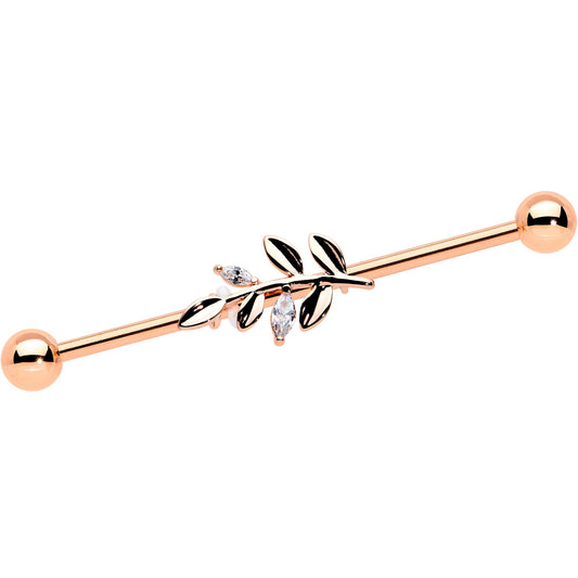 14G Clear CZ Gem Rose Gold Hue Simple Leaf Industrial Barbell 38mm