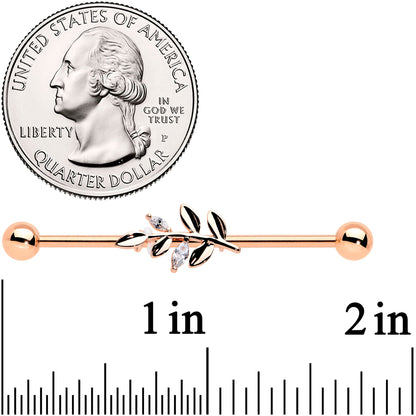 14G Clear CZ Gem Rose Gold Hue Simple Leaf Industrial Barbell 38mm