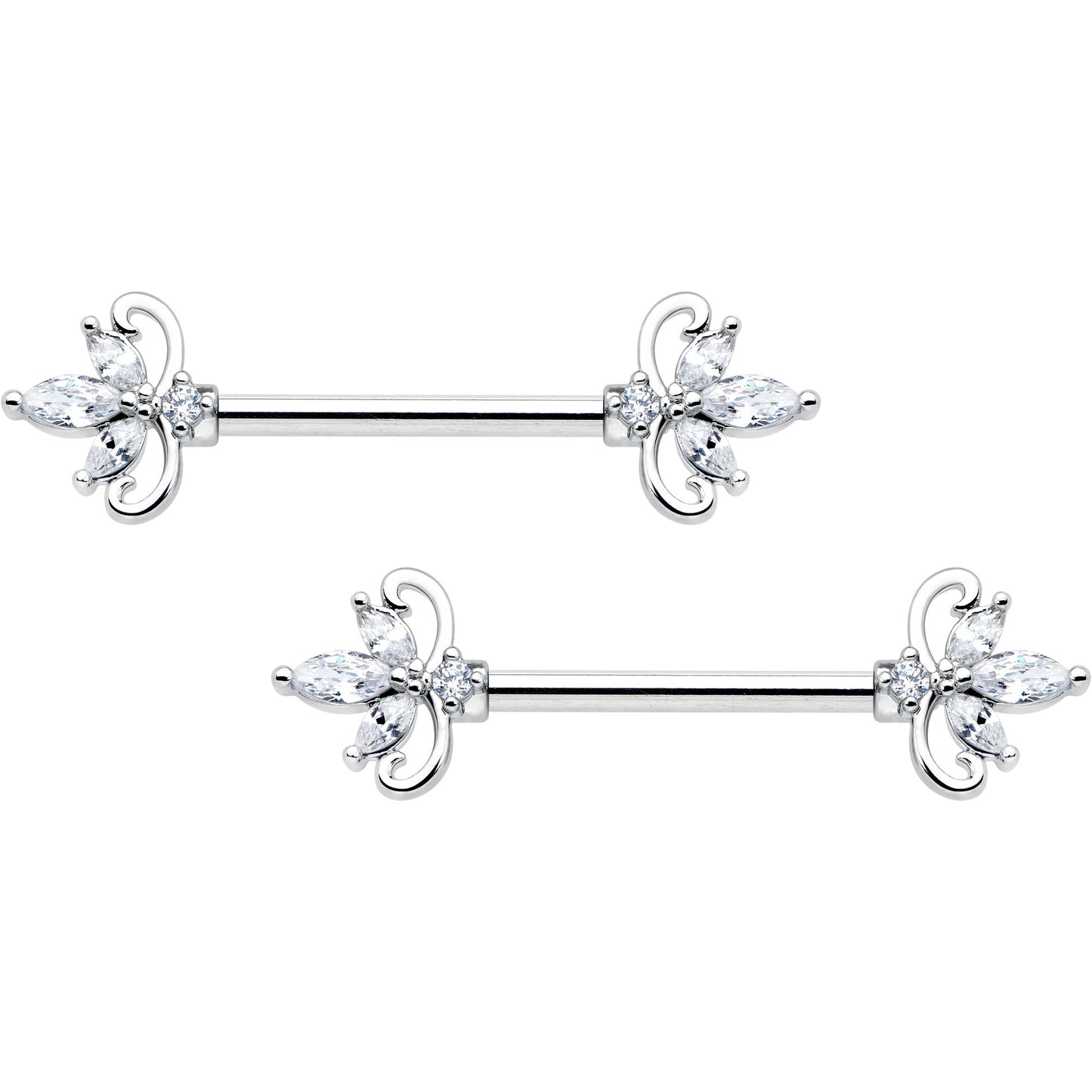 14G 9/16 Clear CZ Gem Double Heart Baroque Barbell Nipple Ring Set