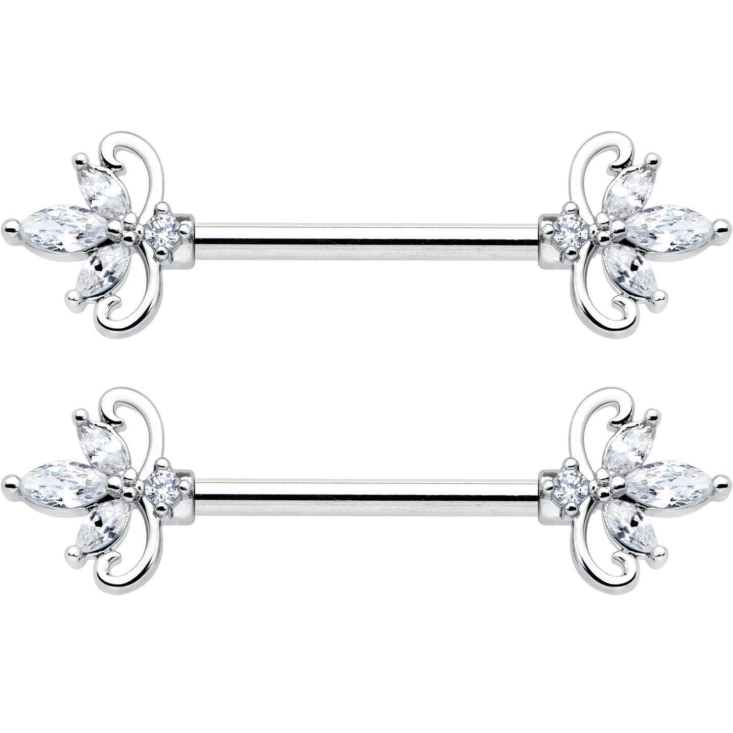 14G 9/16 Clear CZ Gem Double Heart Baroque Barbell Nipple Ring Set