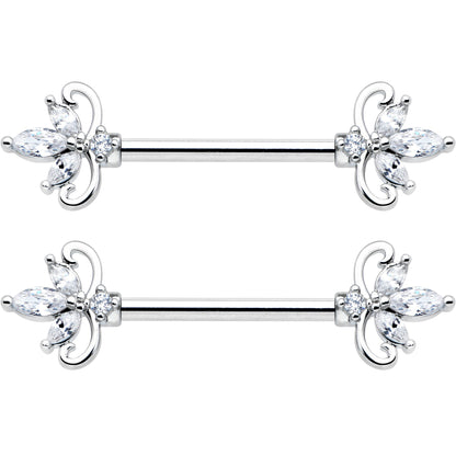 14G 9/16 Clear CZ Gem Double Heart Baroque Barbell Nipple Ring Set