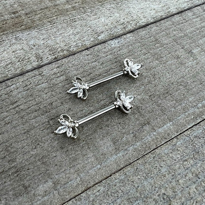 14G 9/16 Clear CZ Gem Double Heart Baroque Barbell Nipple Ring Set