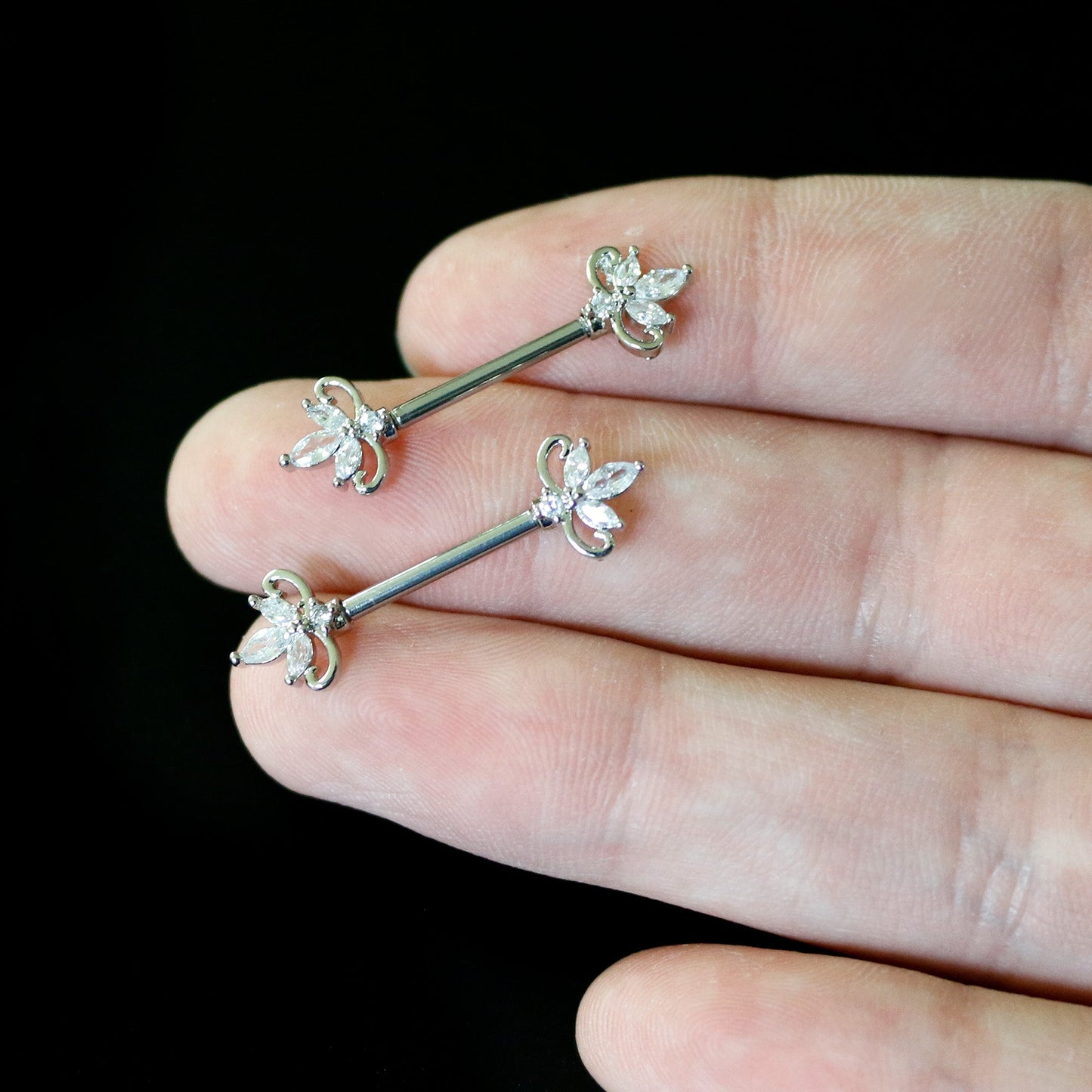 14G 9/16 Clear CZ Gem Double Heart Baroque Barbell Nipple Ring Set