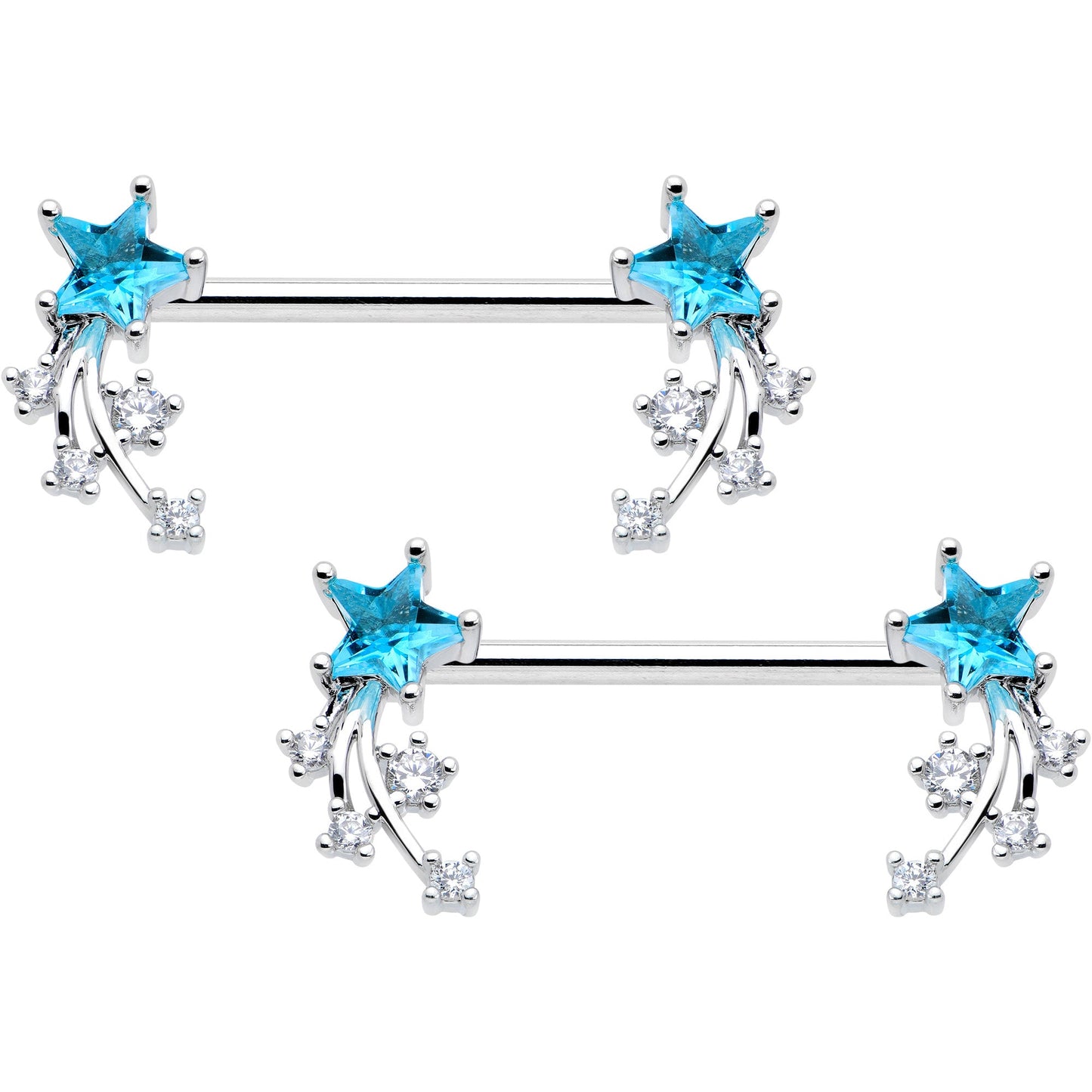 14G 9/16 Blue Clear CZ Gem Shooting Star Barbell Nipple Ring Set