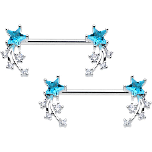 14G 9/16 Blue Clear CZ Gem Shooting Star Barbell Nipple Ring Set