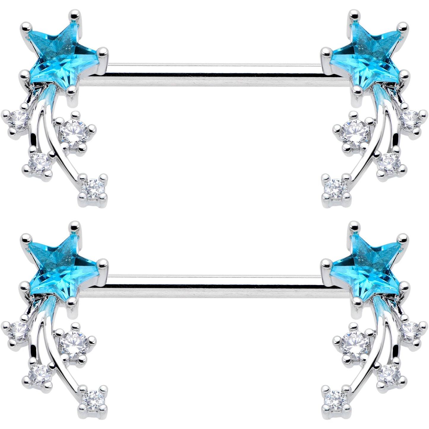 14G 9/16 Blue Clear CZ Gem Shooting Star Barbell Nipple Ring Set