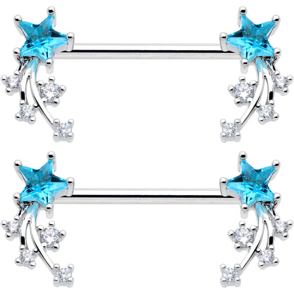 14G 9/16 Blue Clear CZ Gem Shooting Star Barbell Nipple Ring Set