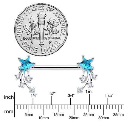 14G 9/16 Blue Clear CZ Gem Shooting Star Barbell Nipple Ring Set