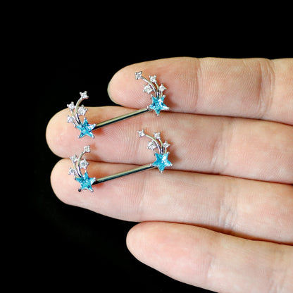 14G 9/16 Blue Clear CZ Gem Shooting Star Barbell Nipple Ring Set