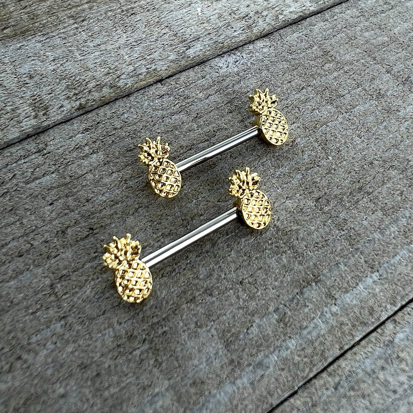14G 9/16 Lacy Golden Pineapples Barbell Nipple Ring Set