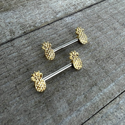 14G 9/16 Lacy Golden Pineapples Barbell Nipple Ring Set
