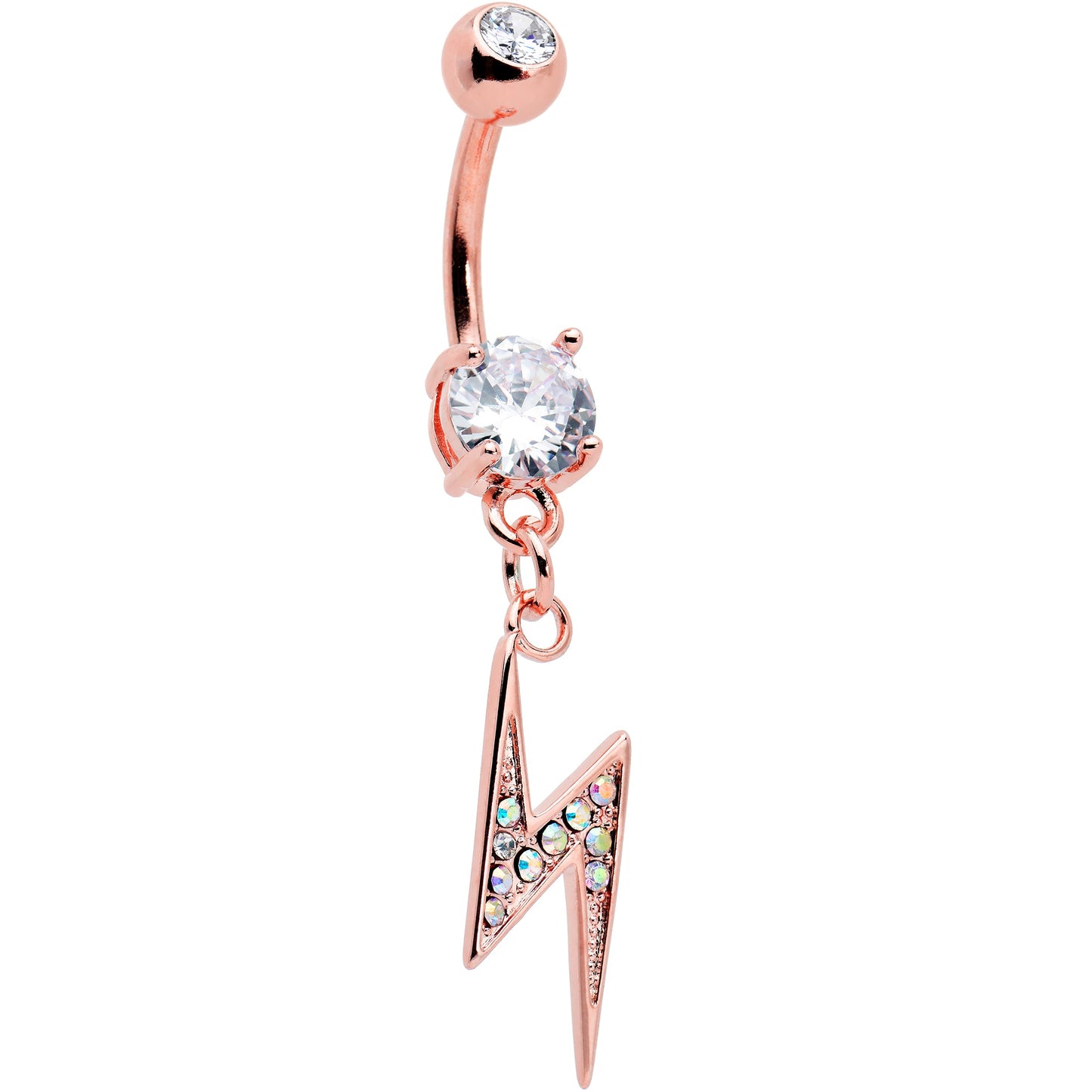 Aurora CZ Gem Rose Gold Tone Lightning Strike Dangle Belly Ring