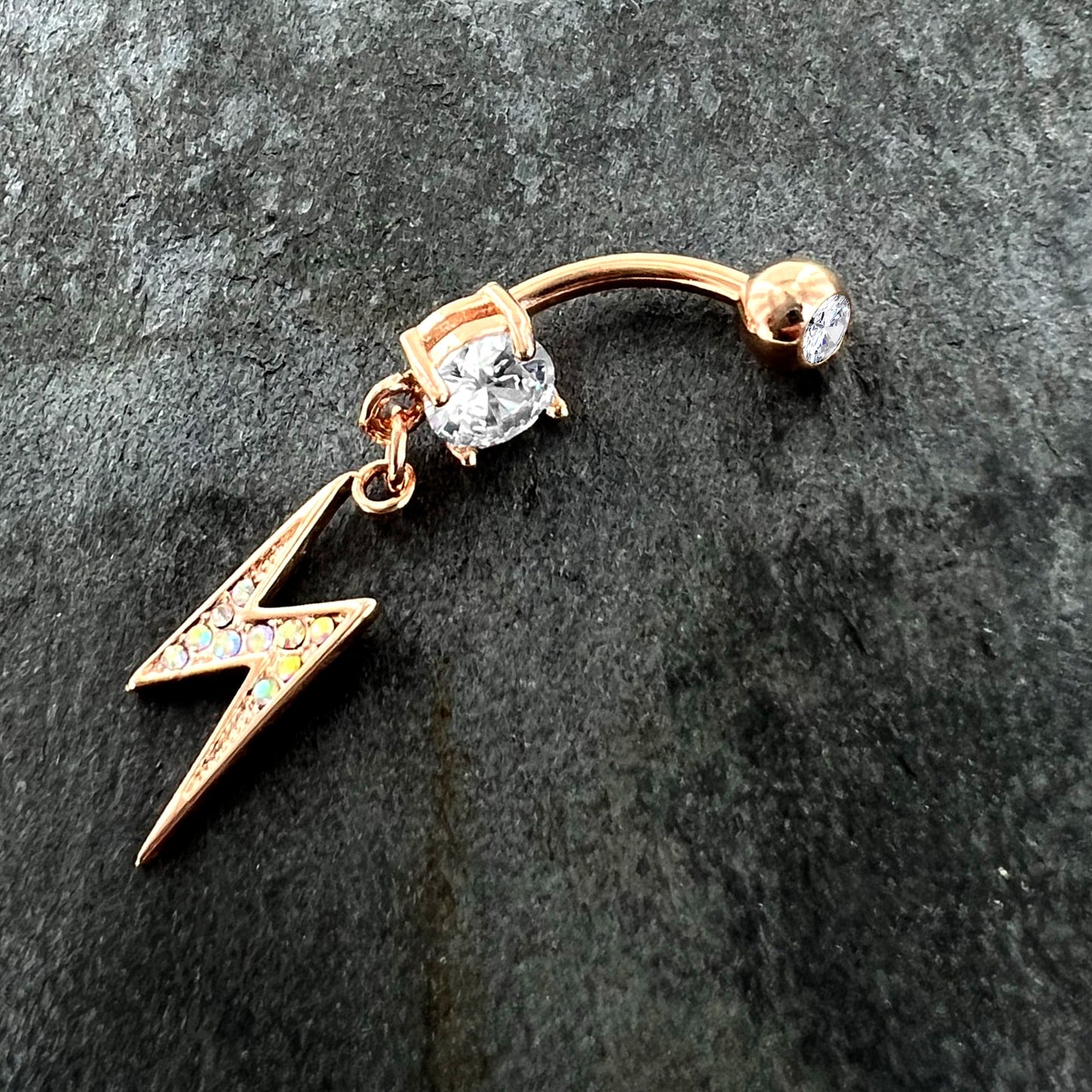 Aurora CZ Gem Rose Gold Tone Lightning Strike Dangle Belly Ring