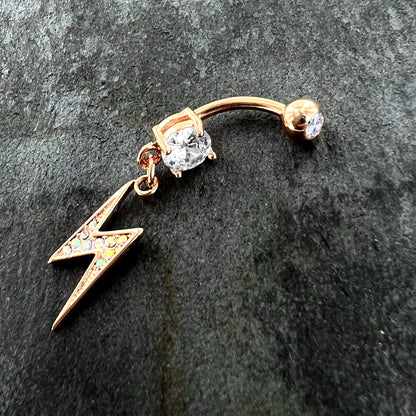 Aurora CZ Gem Rose Gold Tone Lightning Strike Dangle Belly Ring