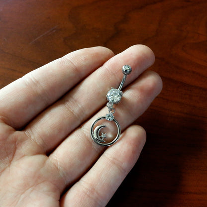 Clear Gem Star Crescent Moon Glamour Circle Dangle Belly Ring